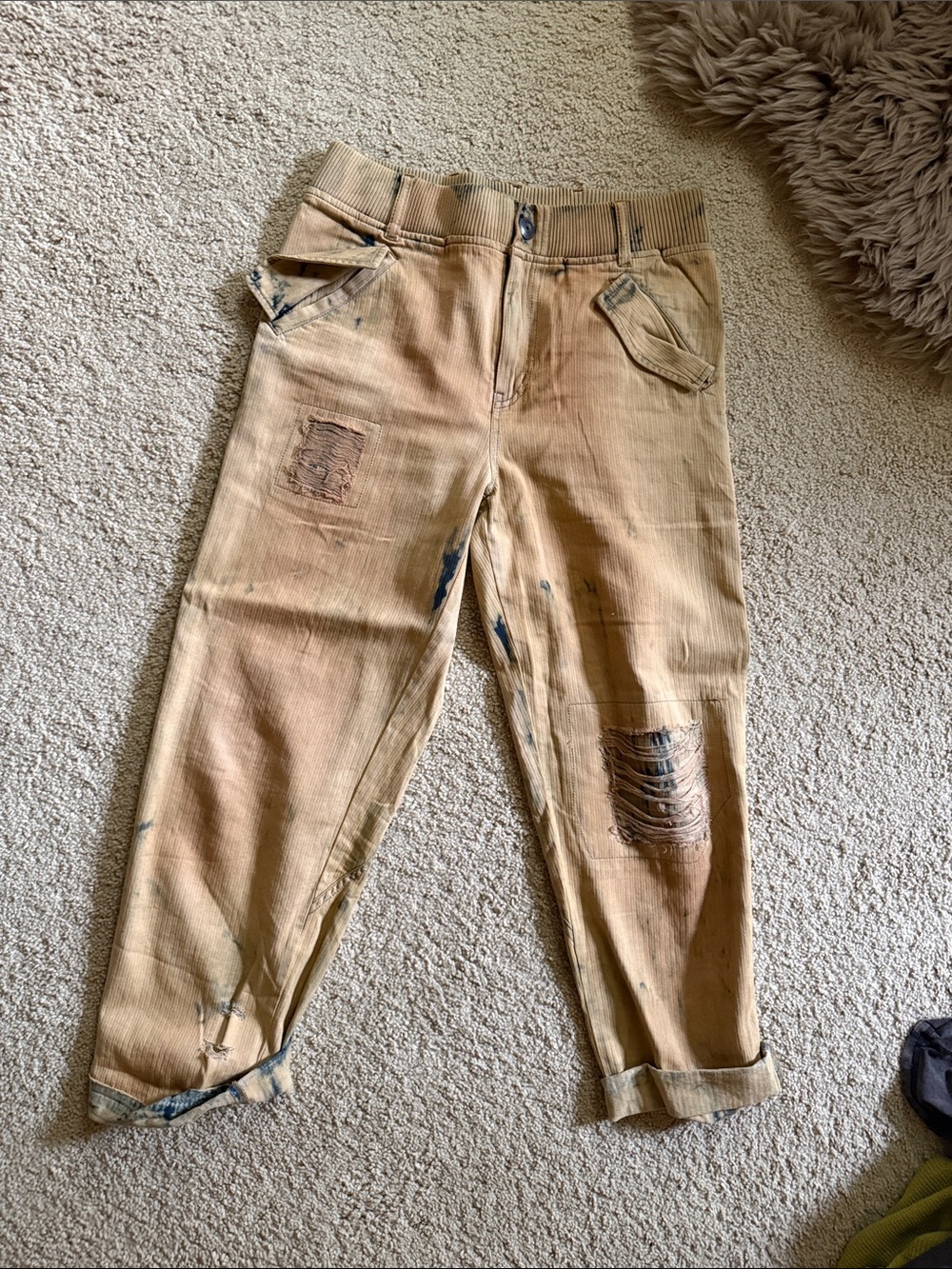 Free People Tan baggy pants with Blue Dye Accents